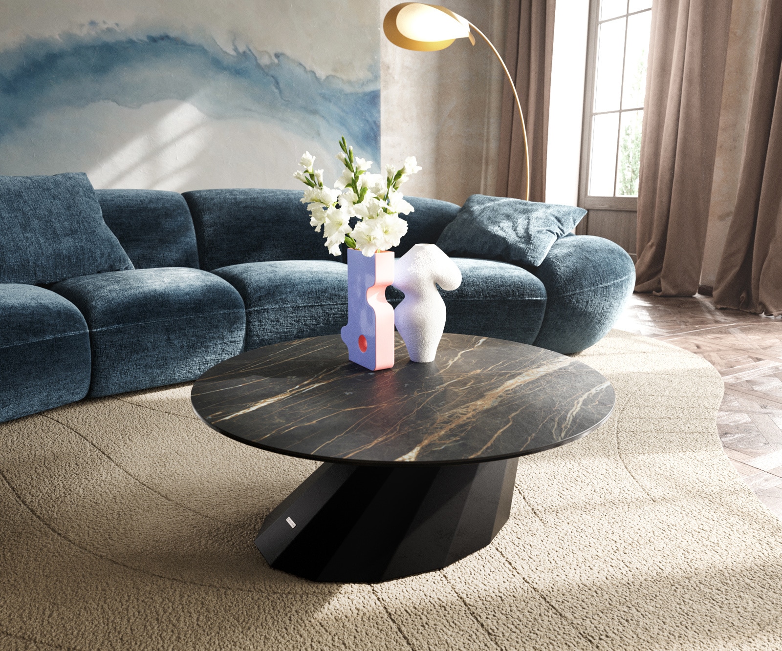 DELIFE Couchtisch Edge Rund 90x90 cm Keramik Laminam Noir Desir Braun Parabi Metall Schwarz