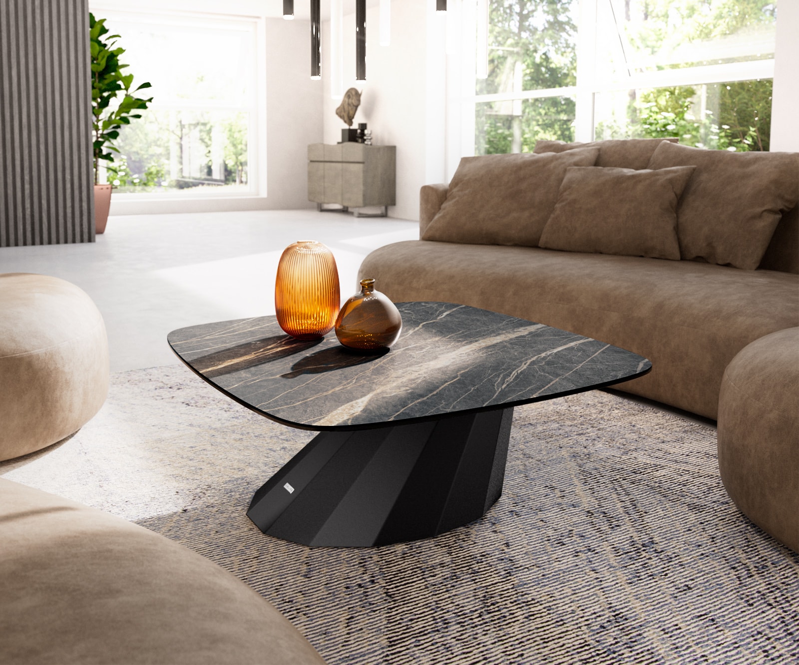 DELIFE Couchtisch Edge Boot 90x90 cm Keramik Laminam Noir Desir Braun Parabi Metall Schwarz