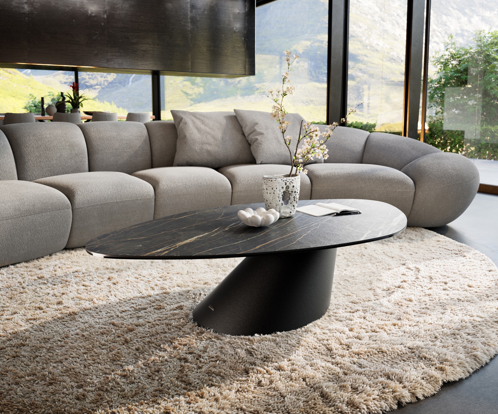 DELIFE Couchtisch Edge Organisch 140x76 cm Keramik Laminam Noir Desir Braun Conis Metall Schwarz