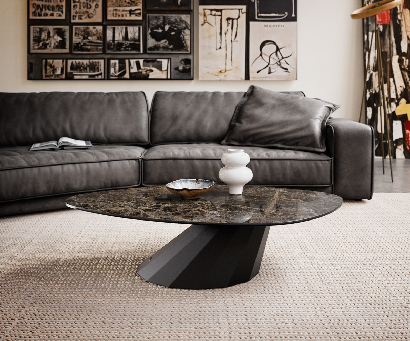 DELIFE Couchtisch Edge Organisch 140x76 cm Keramik Laminam Emperador Extra Lucidato Dunkelbraun Parabi Metall Schwarz