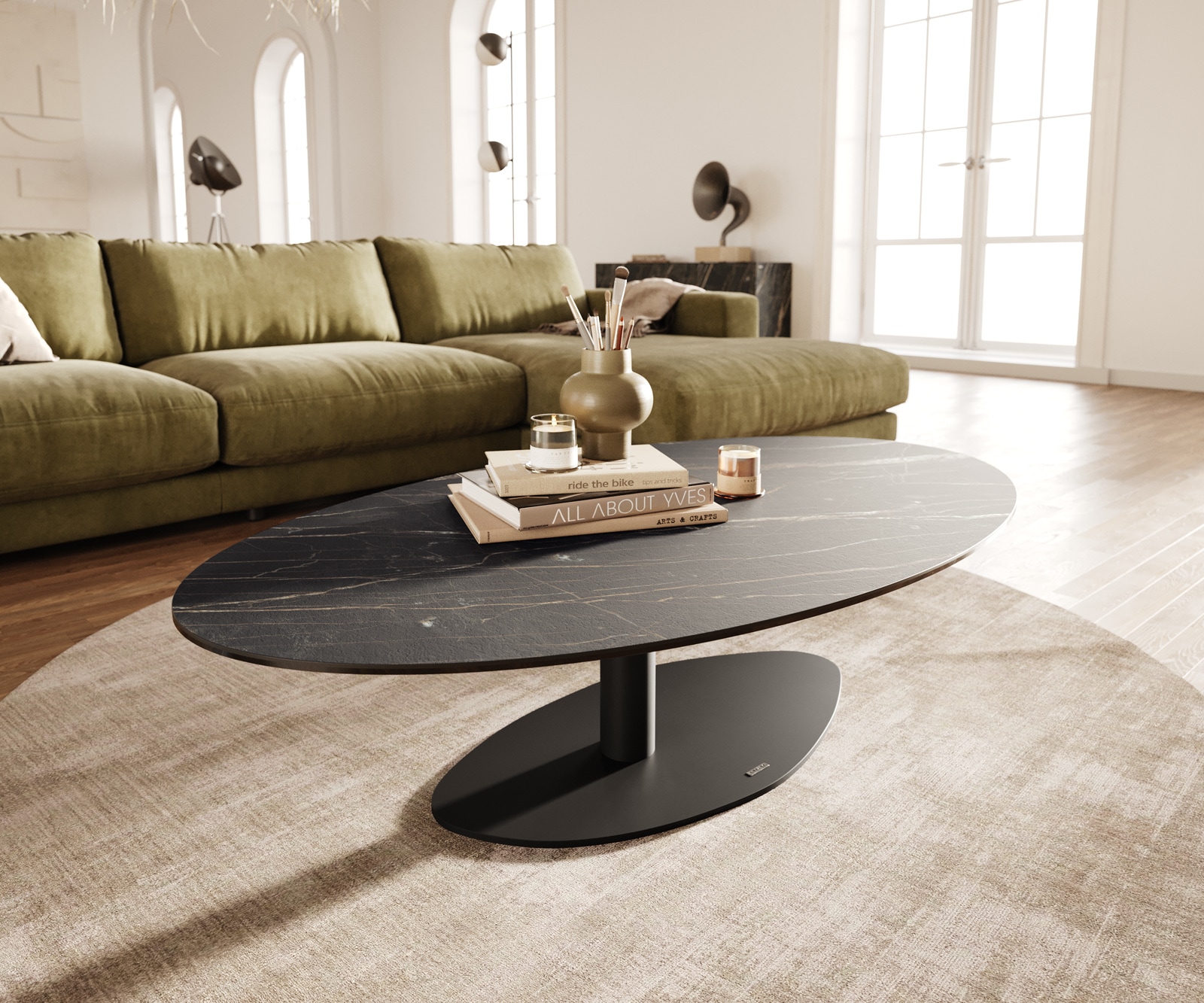 DELIFE Couchtisch Edge Oval 140x80 cm Keramik Laminam Noir Desir Braun Vibany Metall Schwarz
