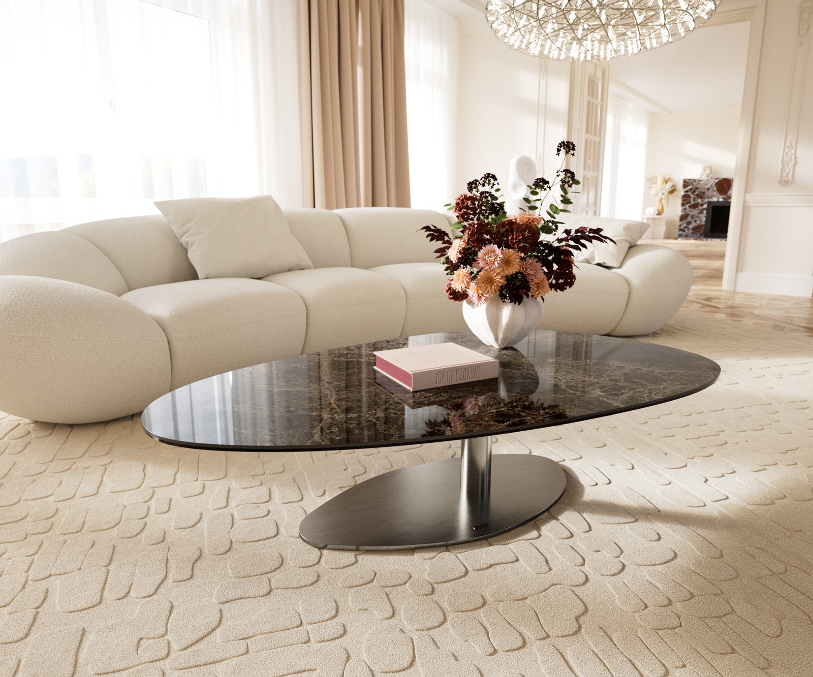 DELIFE Couchtisch Edge Oval 140x75 cm Keramik Laminam Emperador Extra Lucidato Dunkelbraun Vibany Edelstahl gebürstet