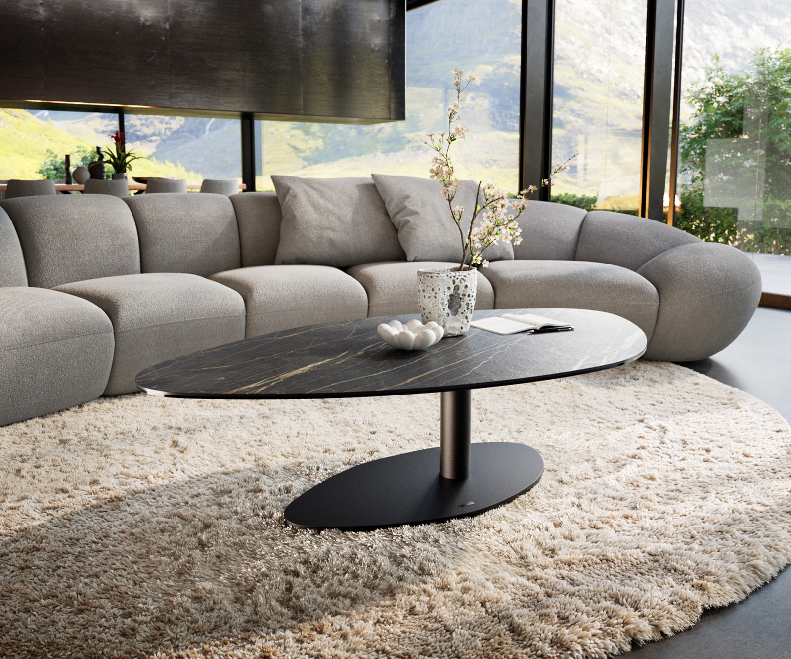 DELIFE Couchtisch Edge Organisch 140x76 cm Keramik Laminam Noir Desir Braun Vibany Metall Schwarz