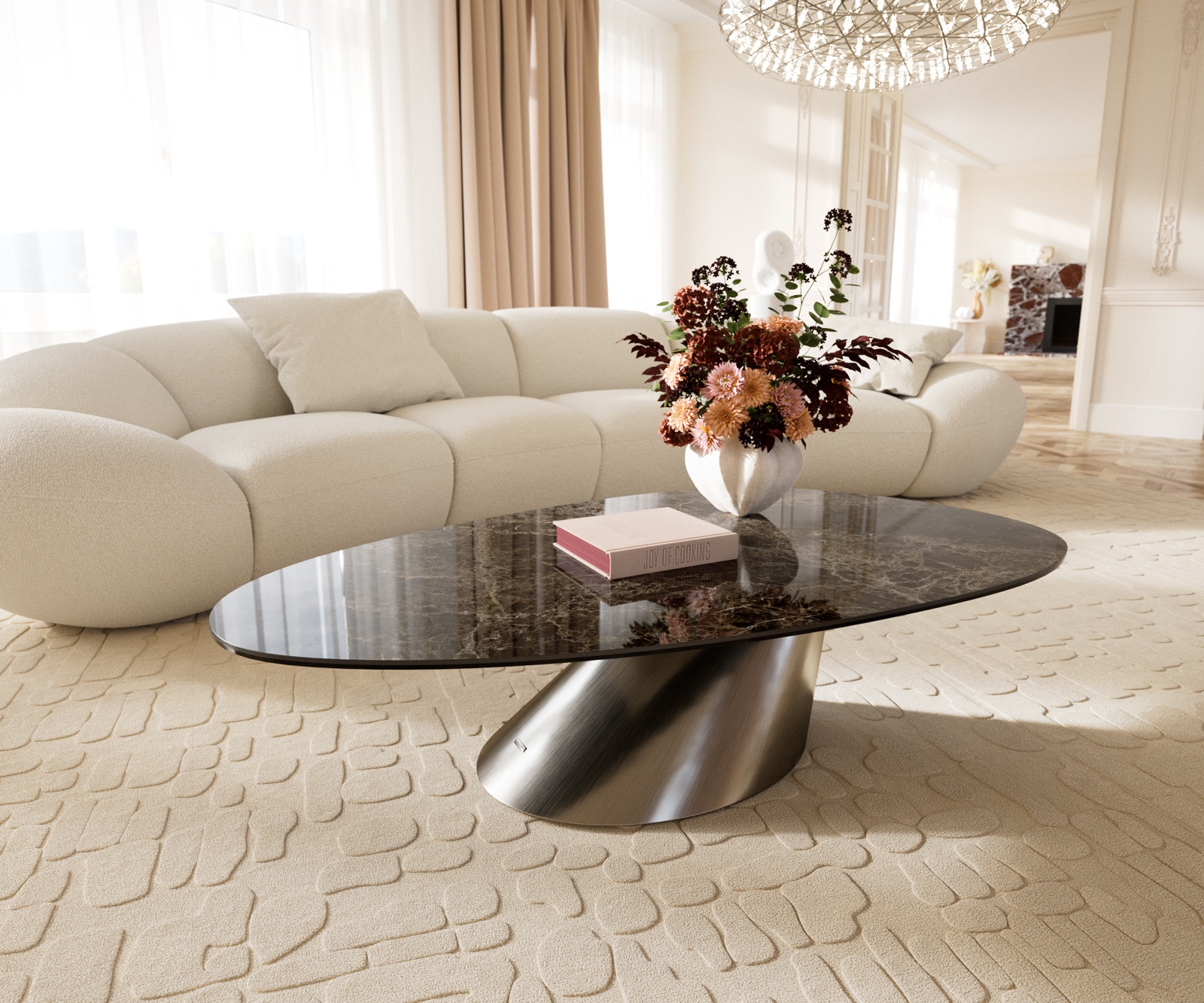DELIFE Couchtisch Edge Oval 140x75 cm Keramik Laminam Emperador Extra Lucidato Dunkelbraun Conis Edelstahl gebürstet