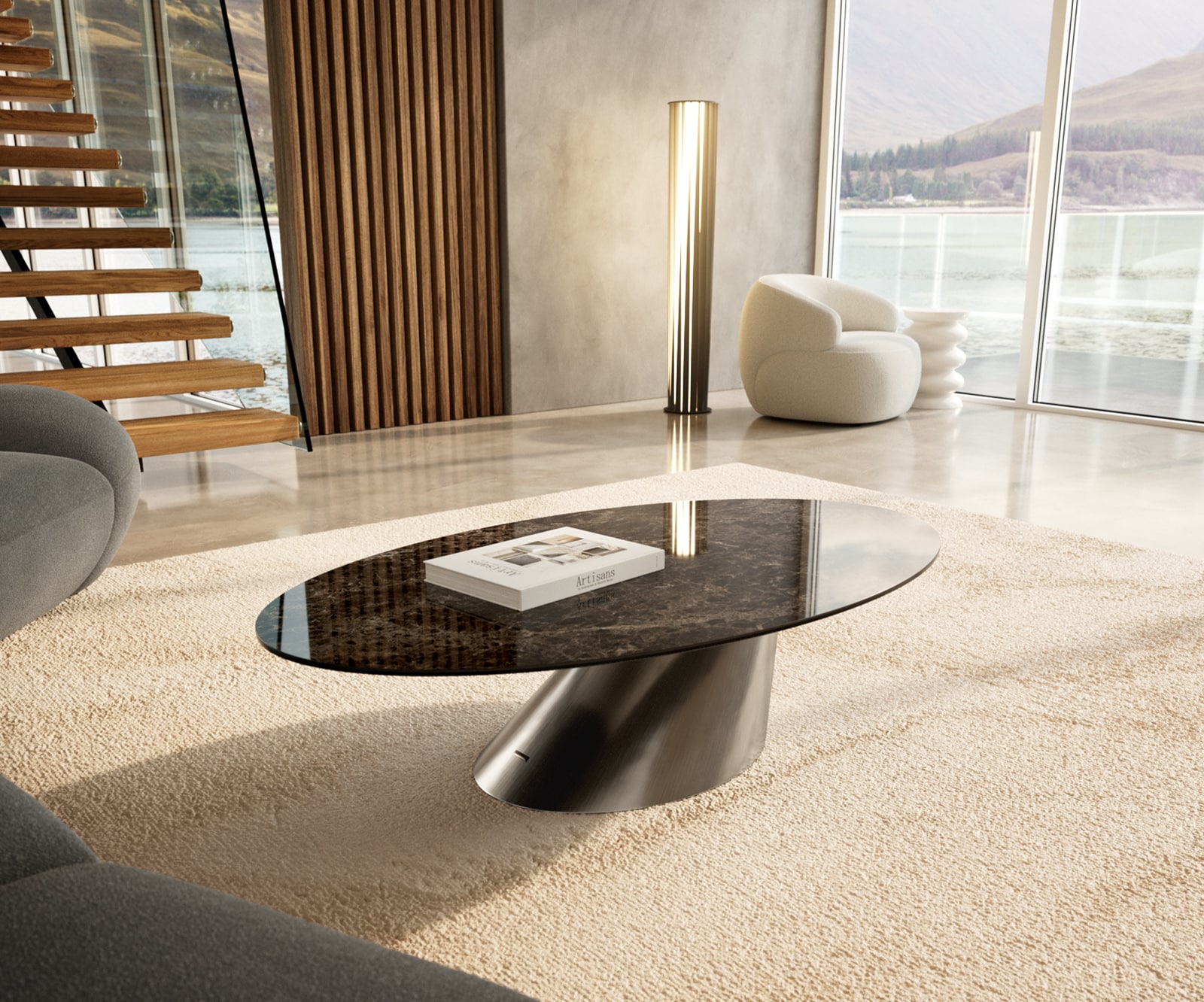 DELIFE Couchtisch Edge Oval 140x80 cm Keramik Laminam Emperador Extra Lucidato Dunkelbraun Conis Edelstahl gebürstet
