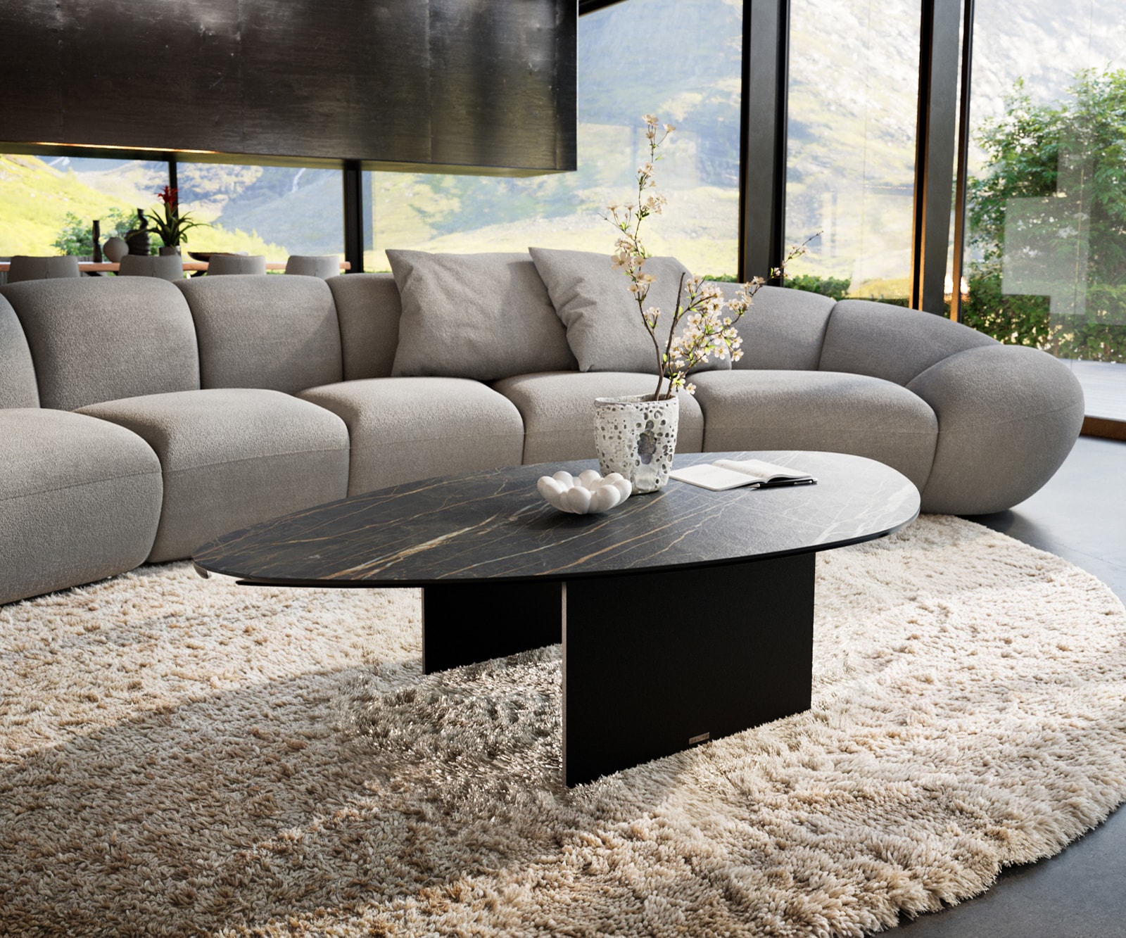 DELIFE Couchtisch Edge Organisch 140x76 cm Keramik Laminam Noir Desir Braun Salto Metall Schwarz