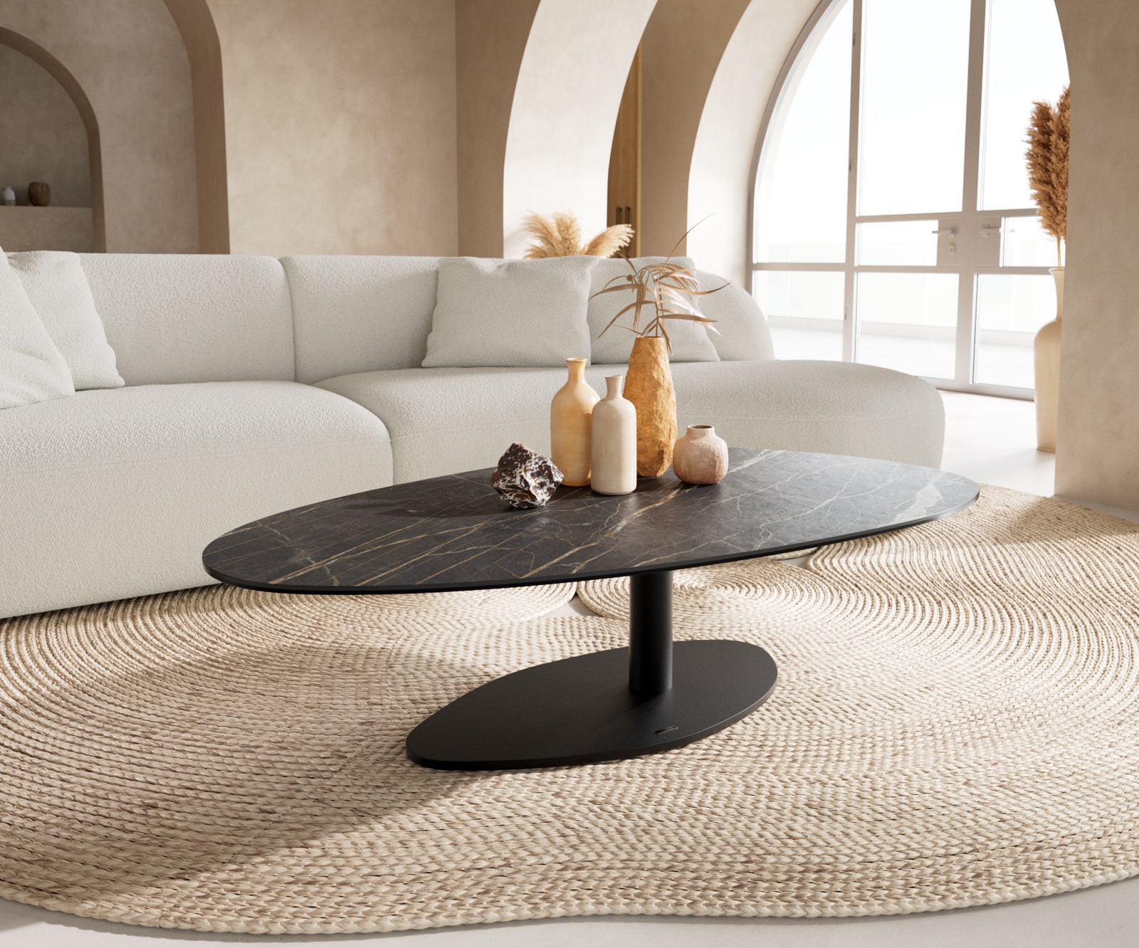 DELIFE Couchtisch Edge Oval 140x75 cm Keramik Laminam Noir Desir Braun Vibany Metall Schwarz