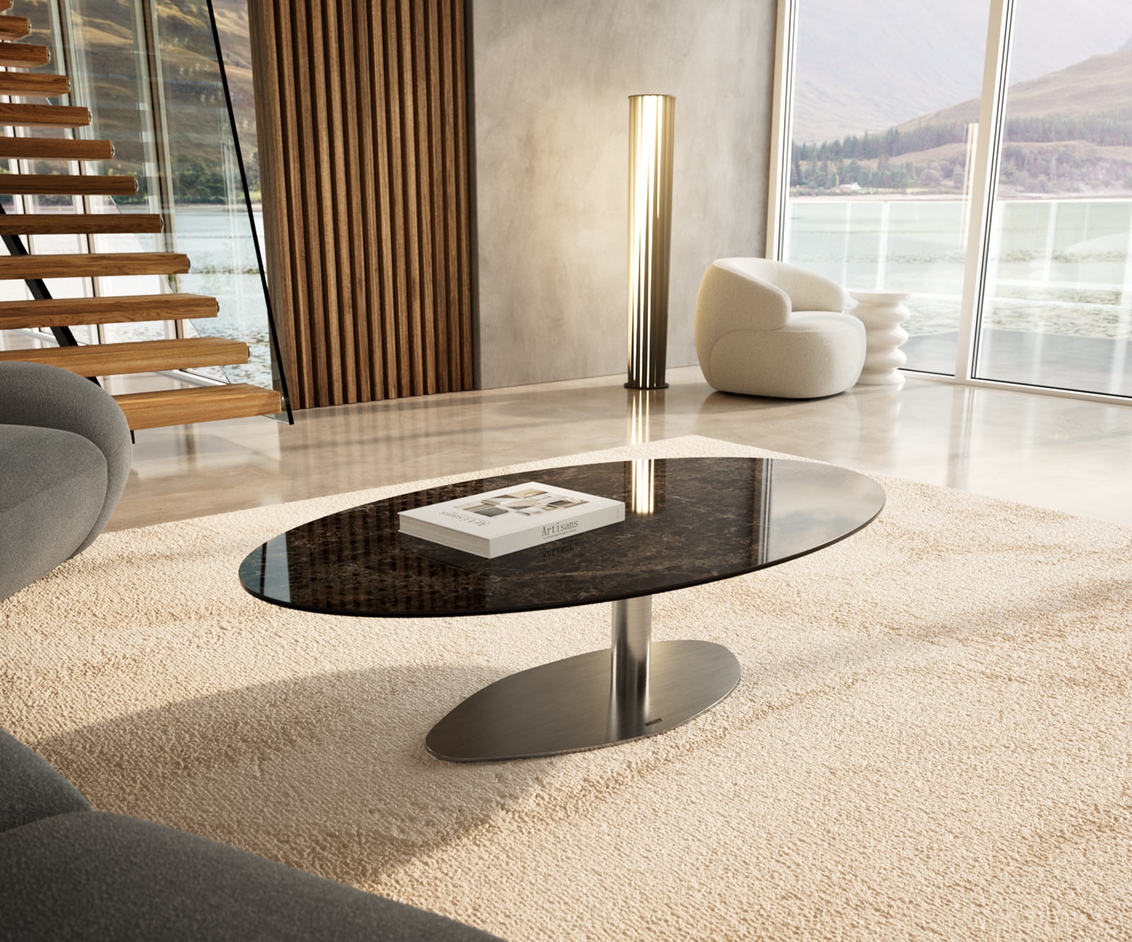 DELIFE Couchtisch Edge Oval 140x80 cm Keramik Laminam Emperador Extra Lucidato Dunkelbraun Vibany Edelstahl gebürstet