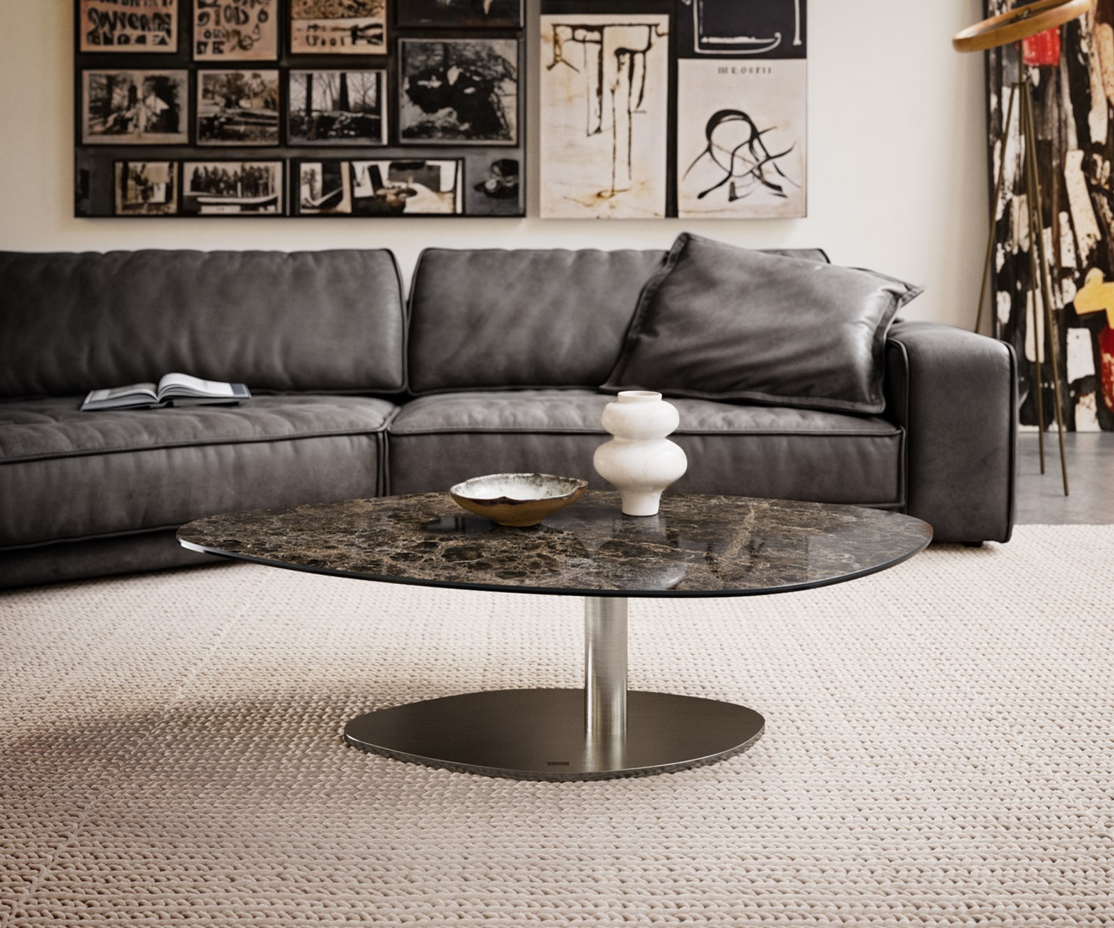 DELIFE Couchtisch Edge Organisch 140x76 cm Keramik Laminam Emperador Extra Lucidato Dunkelbraun Vibany Edelstahl gebürstet