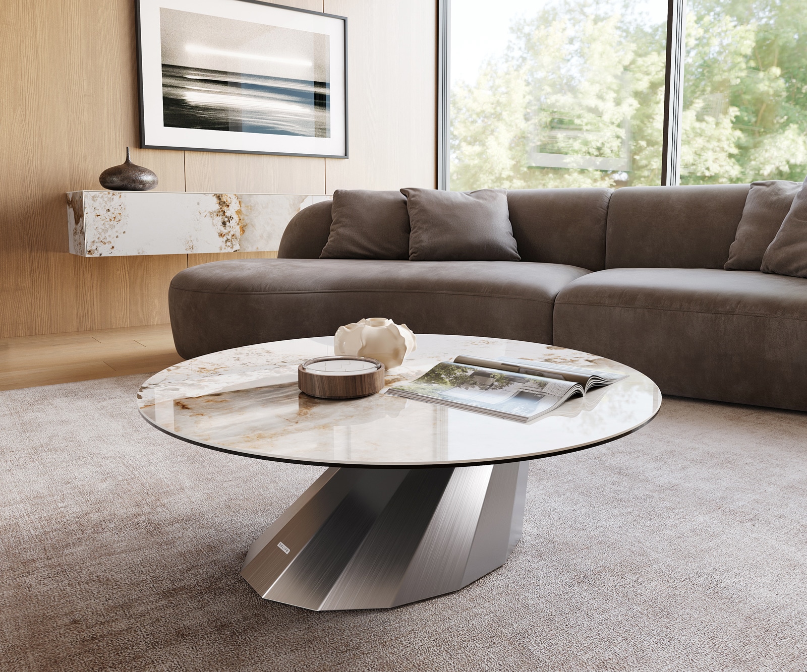 DELIFE Couchtisch Edge Rund 100x100 cm Keramik Minas Melange Parabi Edelstahl gebürstet