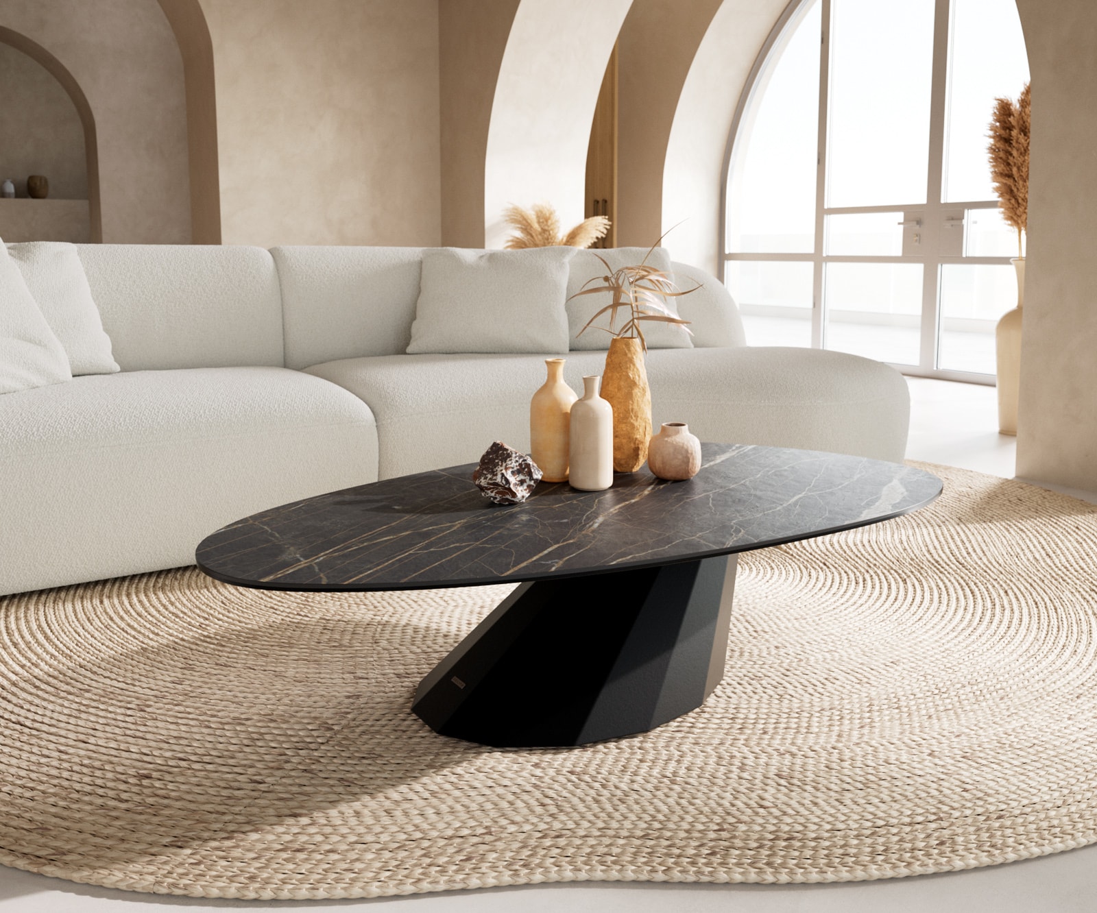 DELIFE Couchtisch Edge Oval 140x75 cm Keramik Laminam Noir Desir Braun Parabi Metall Schwarz