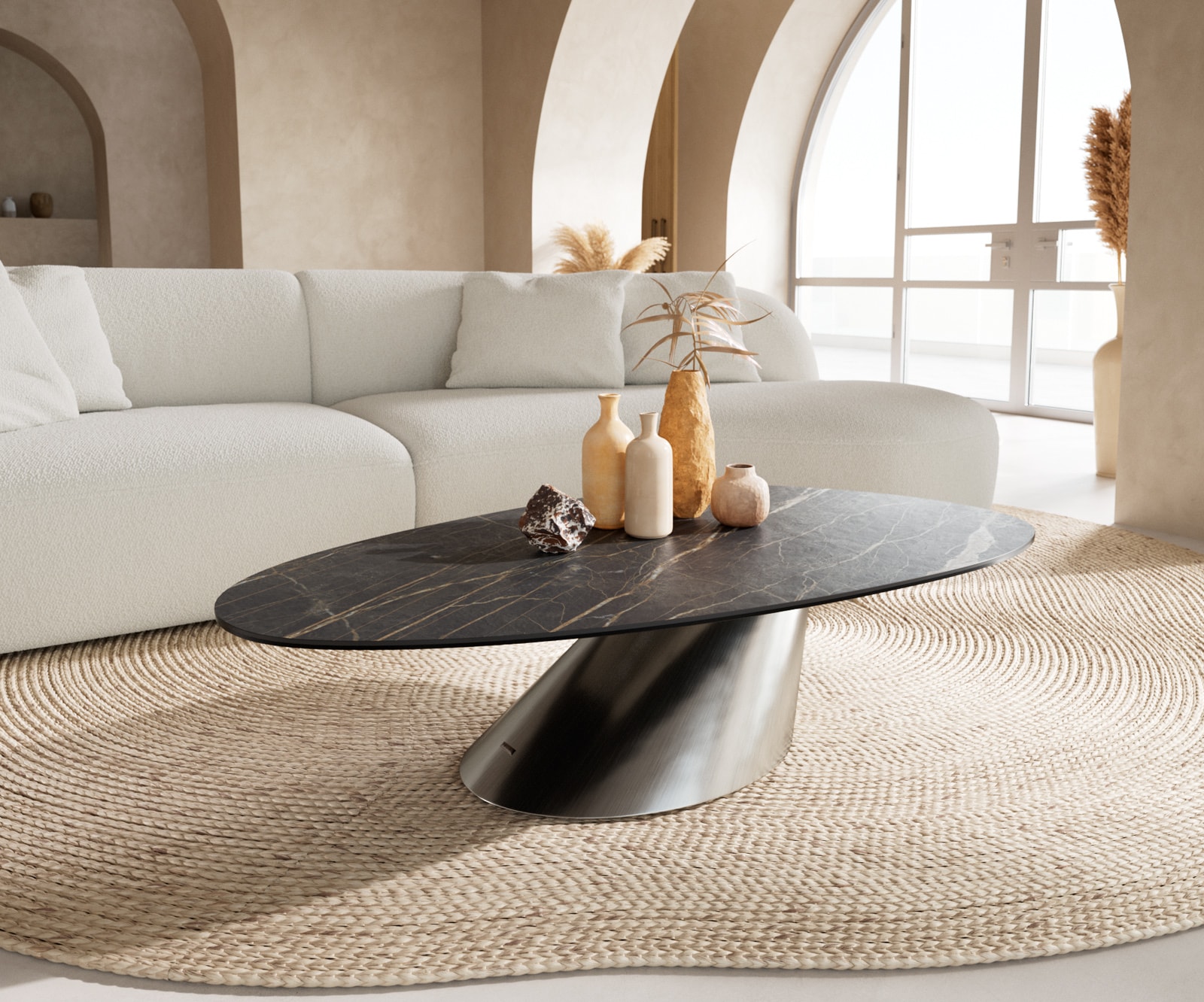 DELIFE Couchtisch Edge Oval 140x75 cm Keramik Laminam Noir Desir Braun Conis Edelstahl gebürstet