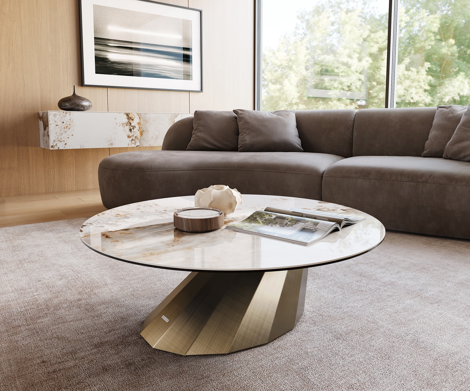 DELIFE Couchtisch Edge Rund 100x100 cm Keramik Minas Melange Parabi Metallic Gold