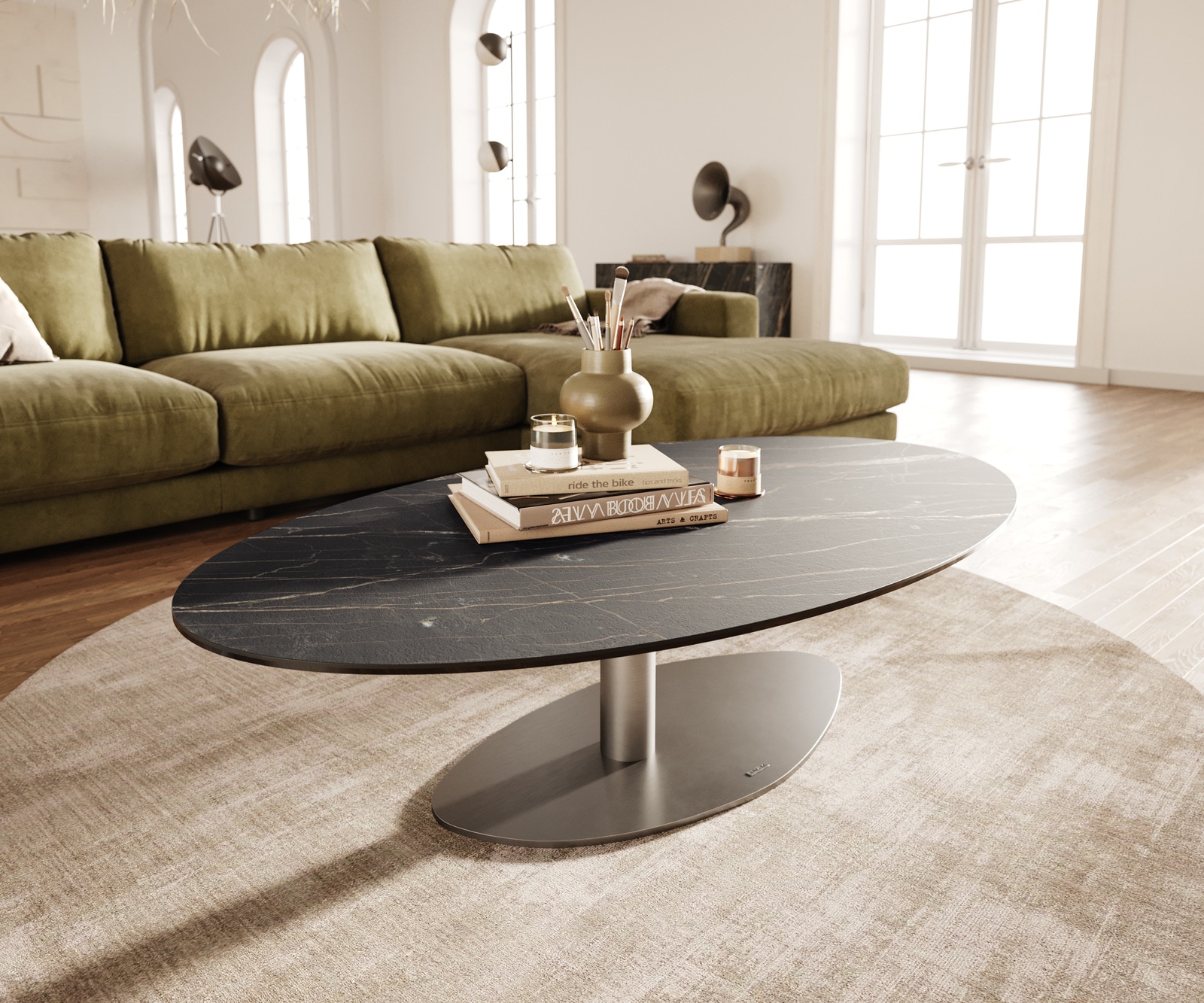 DELIFE Couchtisch Edge Oval 140x80 cm Keramik Laminam Noir Desir Braun Vibany Edelstahl gebürstet