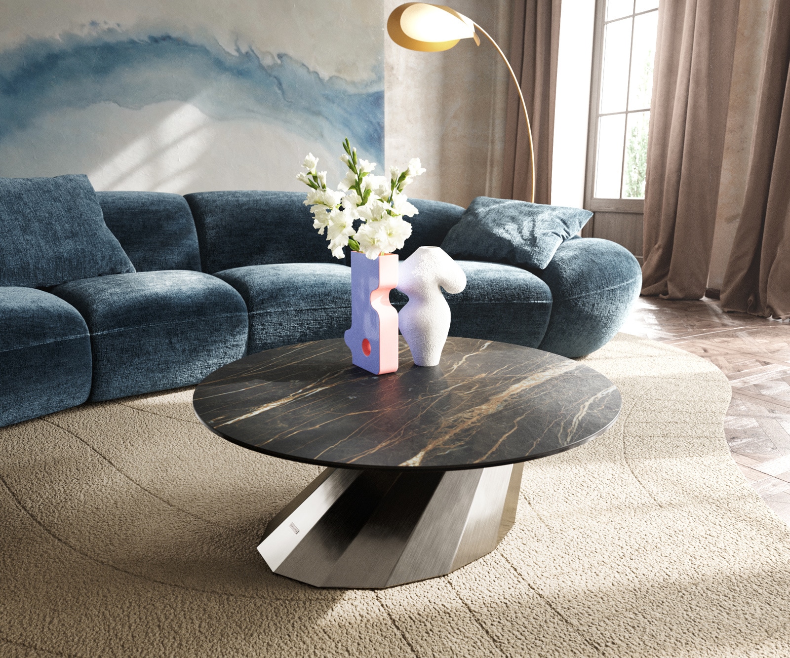 DELIFE Couchtisch Edge Rund 90x90 cm Keramik Laminam Noir Desir Braun Parabi Edelstahl gebürstet