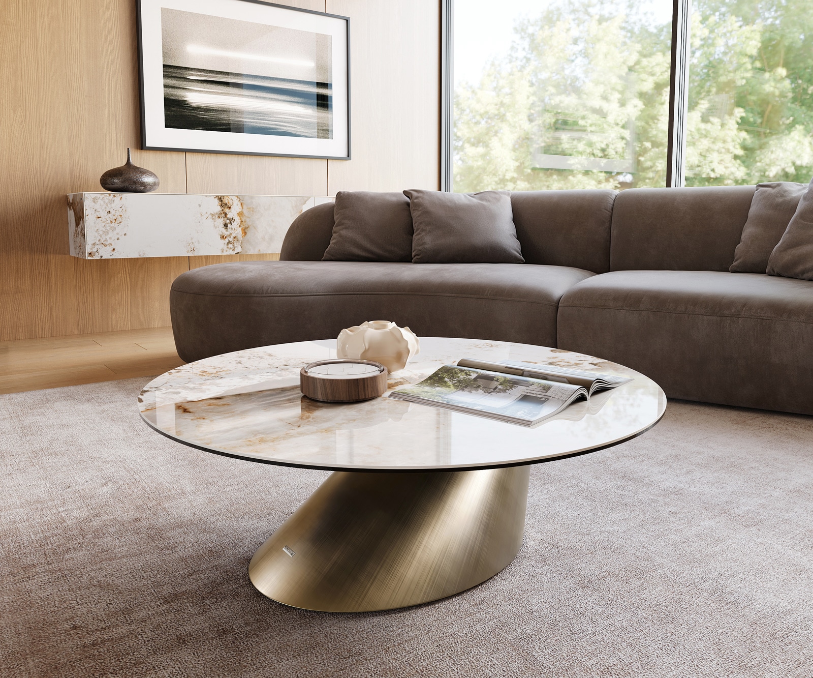DELIFE Couchtisch Edge Rund 100x100 cm Keramik Minas Melange Conis Metallic Gold