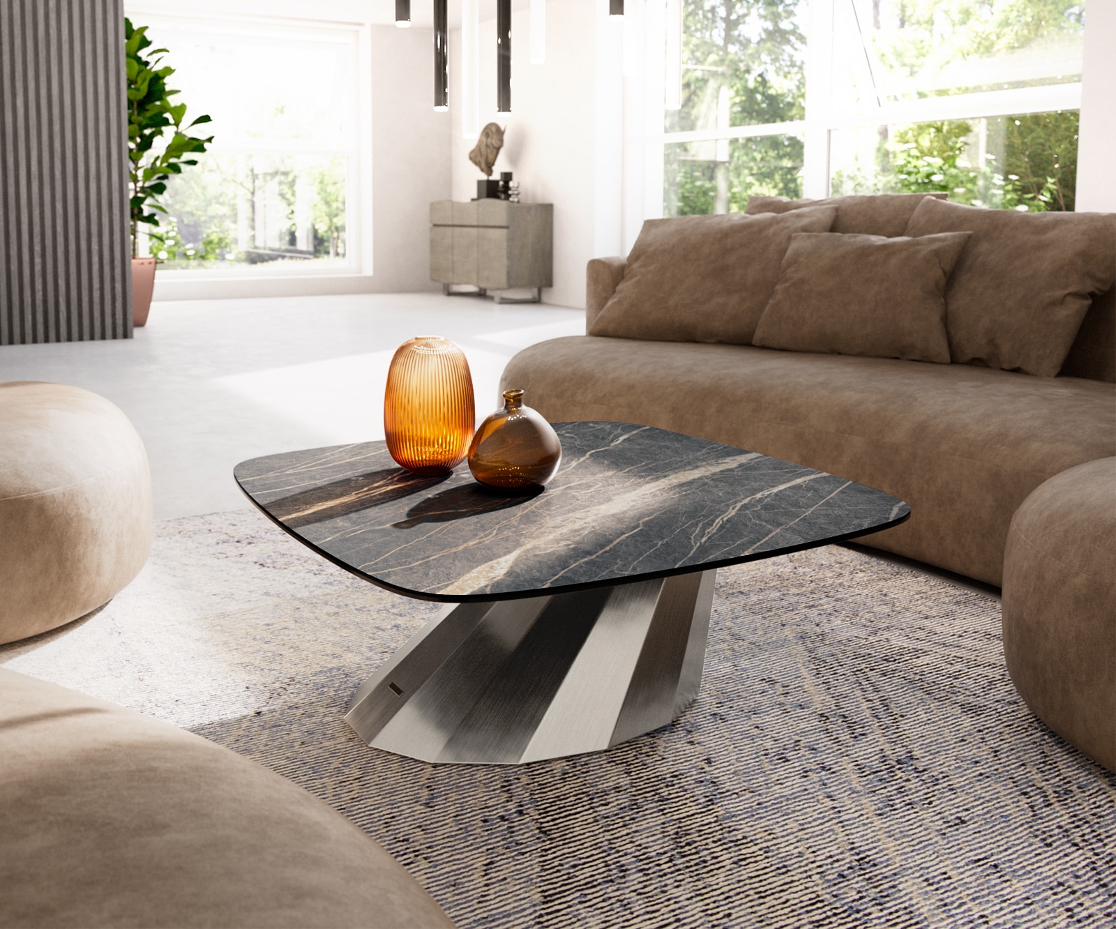 DELIFE Couchtisch Edge Boot 90x90 cm Keramik Laminam Noir Desir Braun Parabi Edelstahl gebürstet