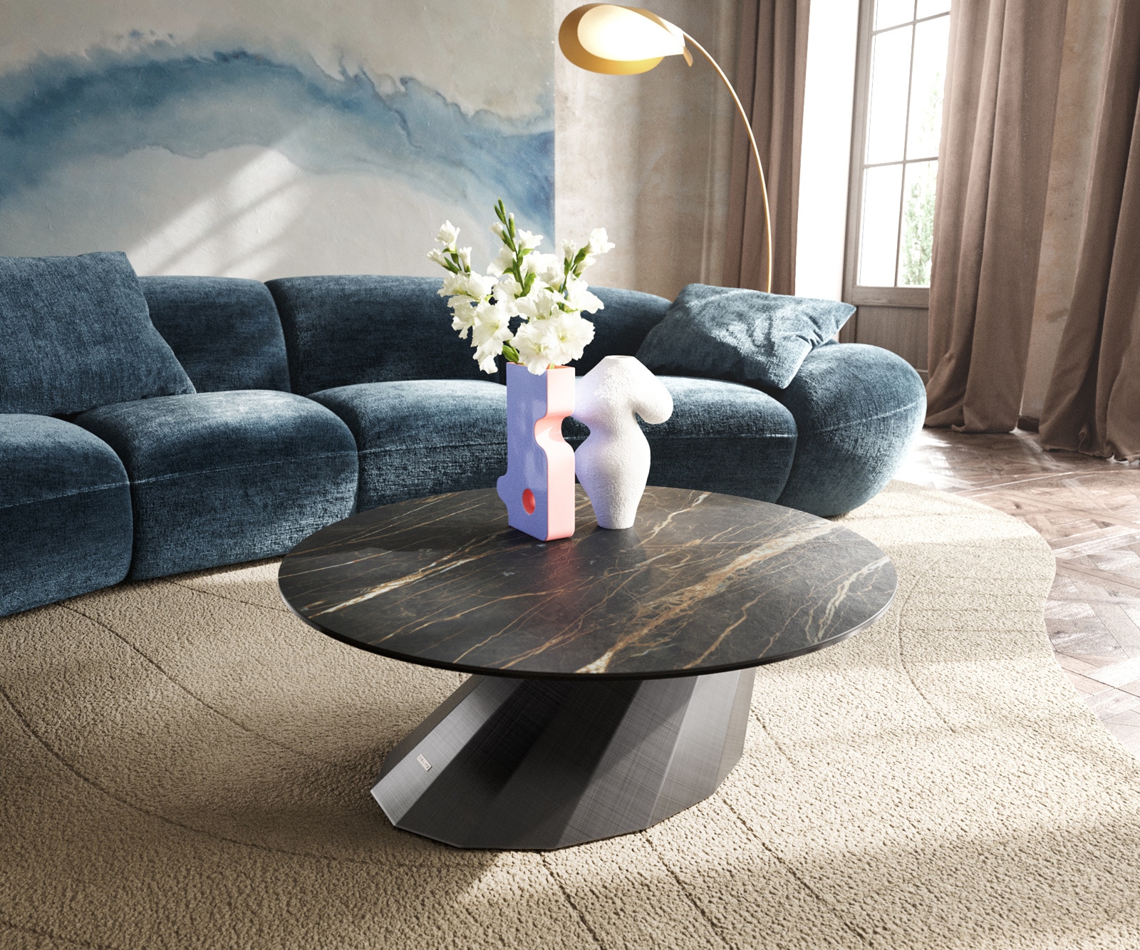 DELIFE Couchtisch Edge Rund 90x90 cm Keramik Laminam Noir Desir Braun Parabi Metallic Silber