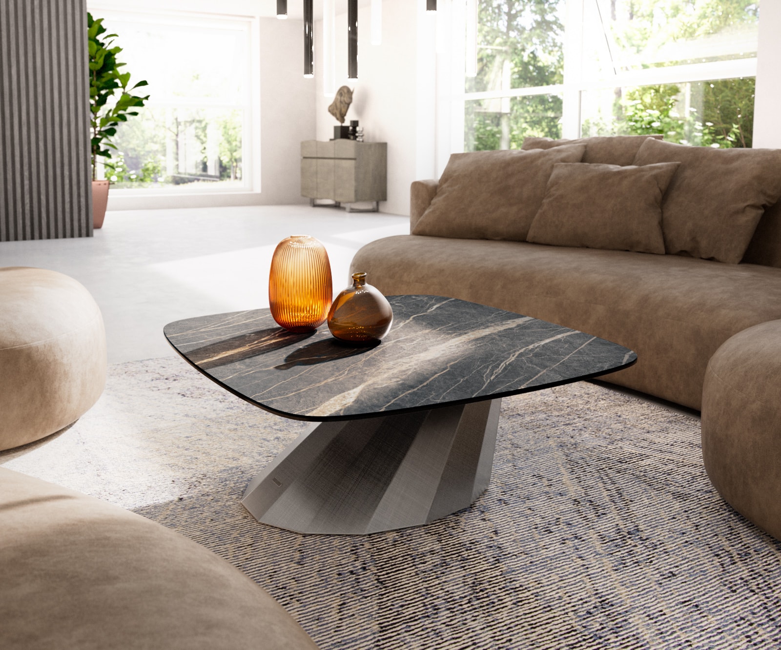 DELIFE Couchtisch Edge Boot 90x90 cm Keramik Laminam Noir Desir Braun Parabi Metallic Silber