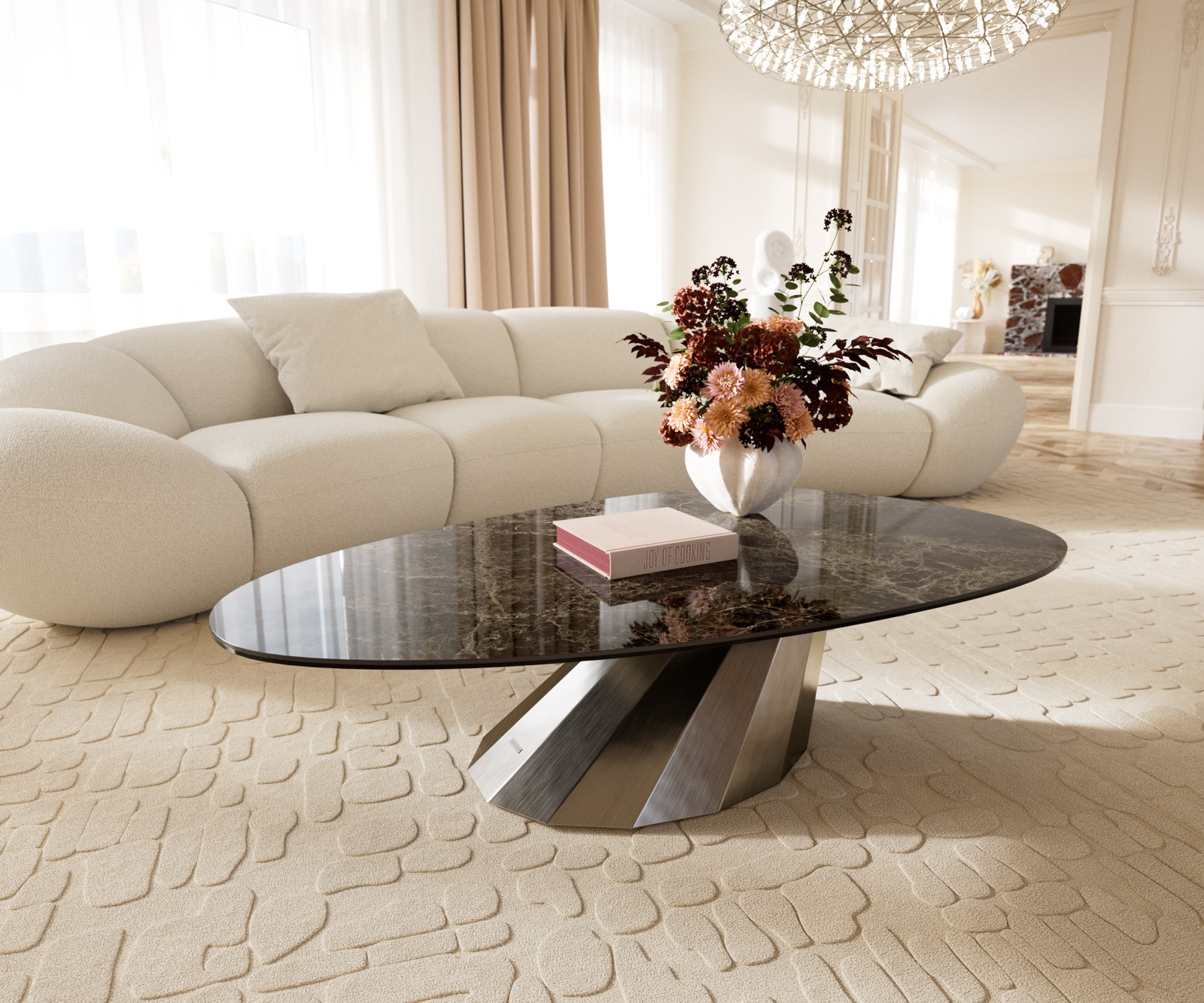 DELIFE Couchtisch Edge Oval 140x75 cm Keramik Laminam Emperador Extra Lucidato Dunkelbraun Parabi Edelstahl gebürstet