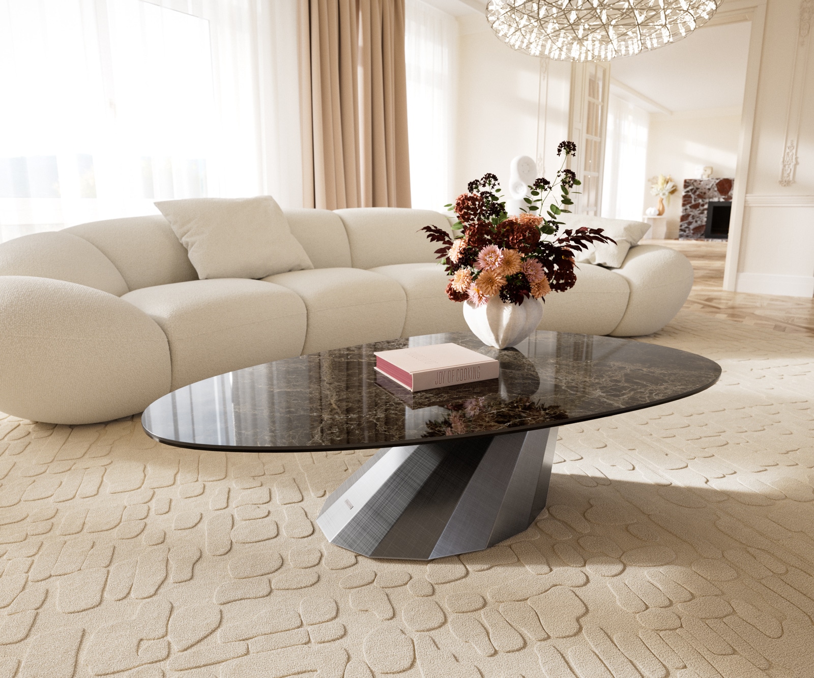 DELIFE Couchtisch Edge Oval 140x75 cm Keramik Laminam Emperador Extra Lucidato Dunkelbraun Parabi Metallic Silber