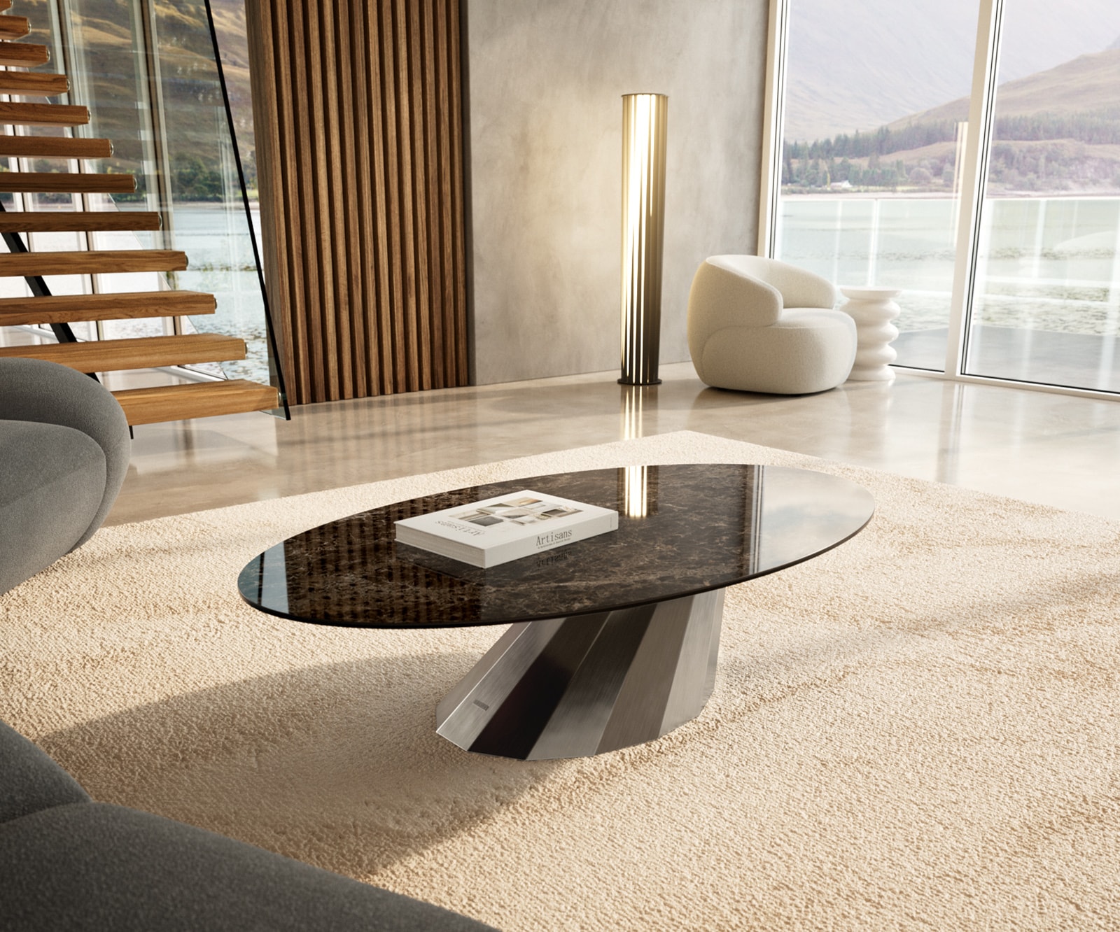 DELIFE Couchtisch Edge Oval 140x80 cm Keramik Laminam Emperador Extra Lucidato Dunkelbraun Parabi Edelstahl gebürstet