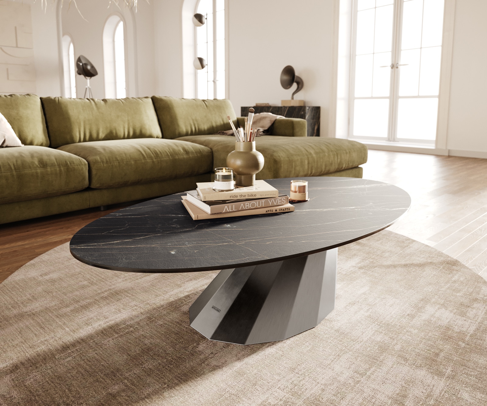 DELIFE Couchtisch Edge Oval 140x80 cm Keramik Laminam Noir Desir Braun Parabi Edelstahl gebürstet