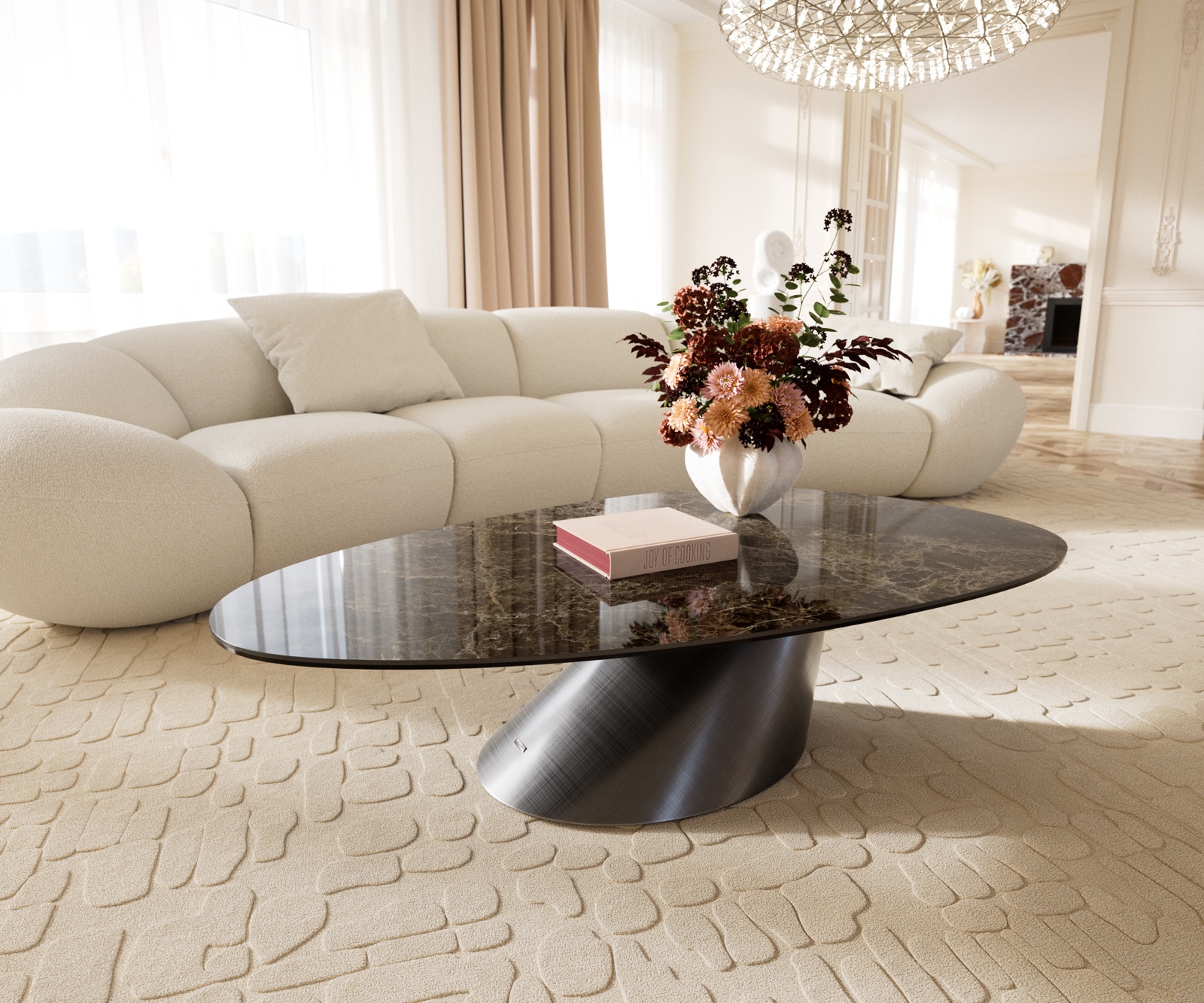DELIFE Couchtisch Edge Oval 140x75 cm Keramik Laminam Emperador Extra Lucidato Dunkelbraun Conis Metallic Silber