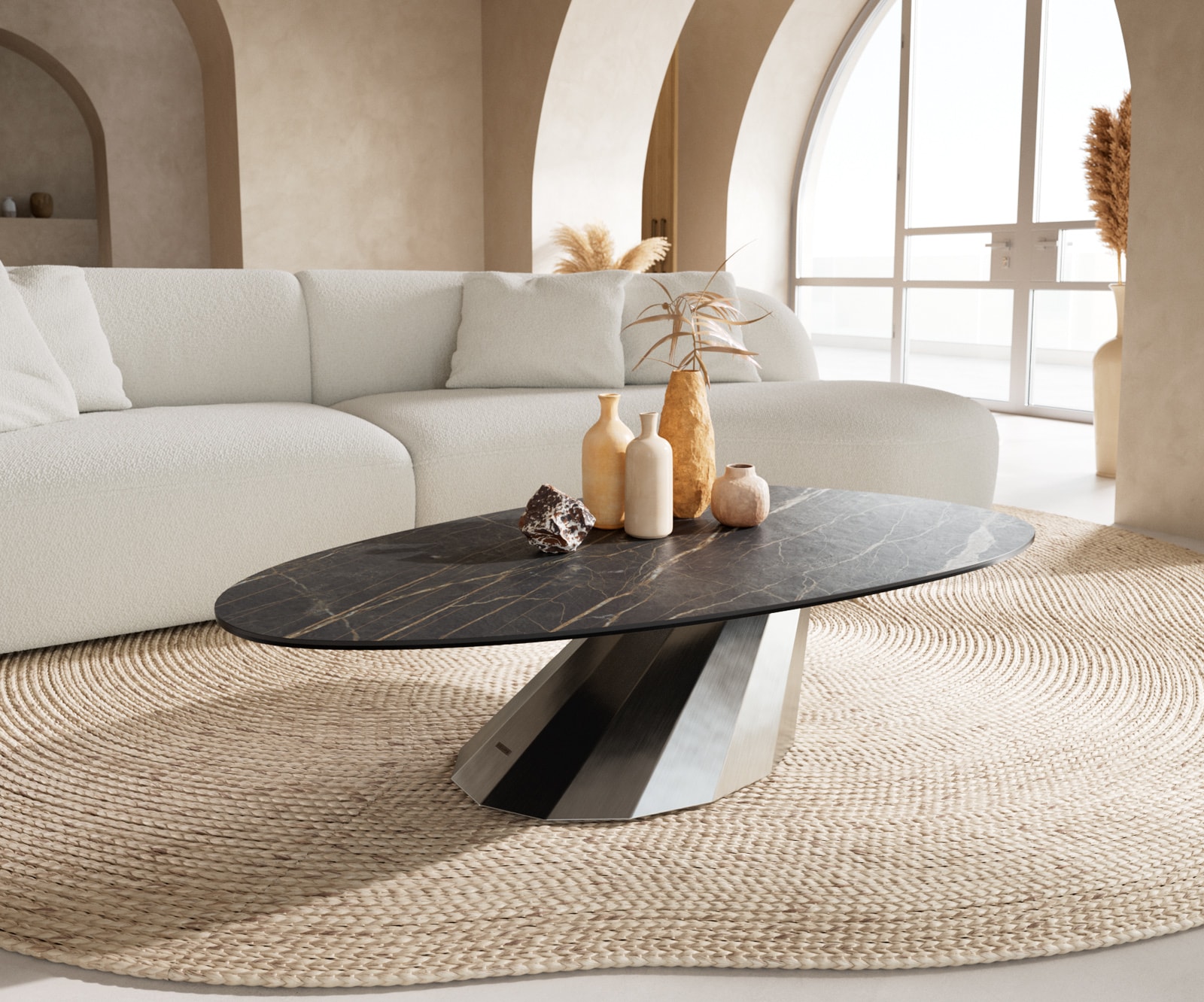 DELIFE Couchtisch Edge Oval 140x75 cm Keramik Laminam Noir Desir Braun Parabi Edelstahl gebürstet