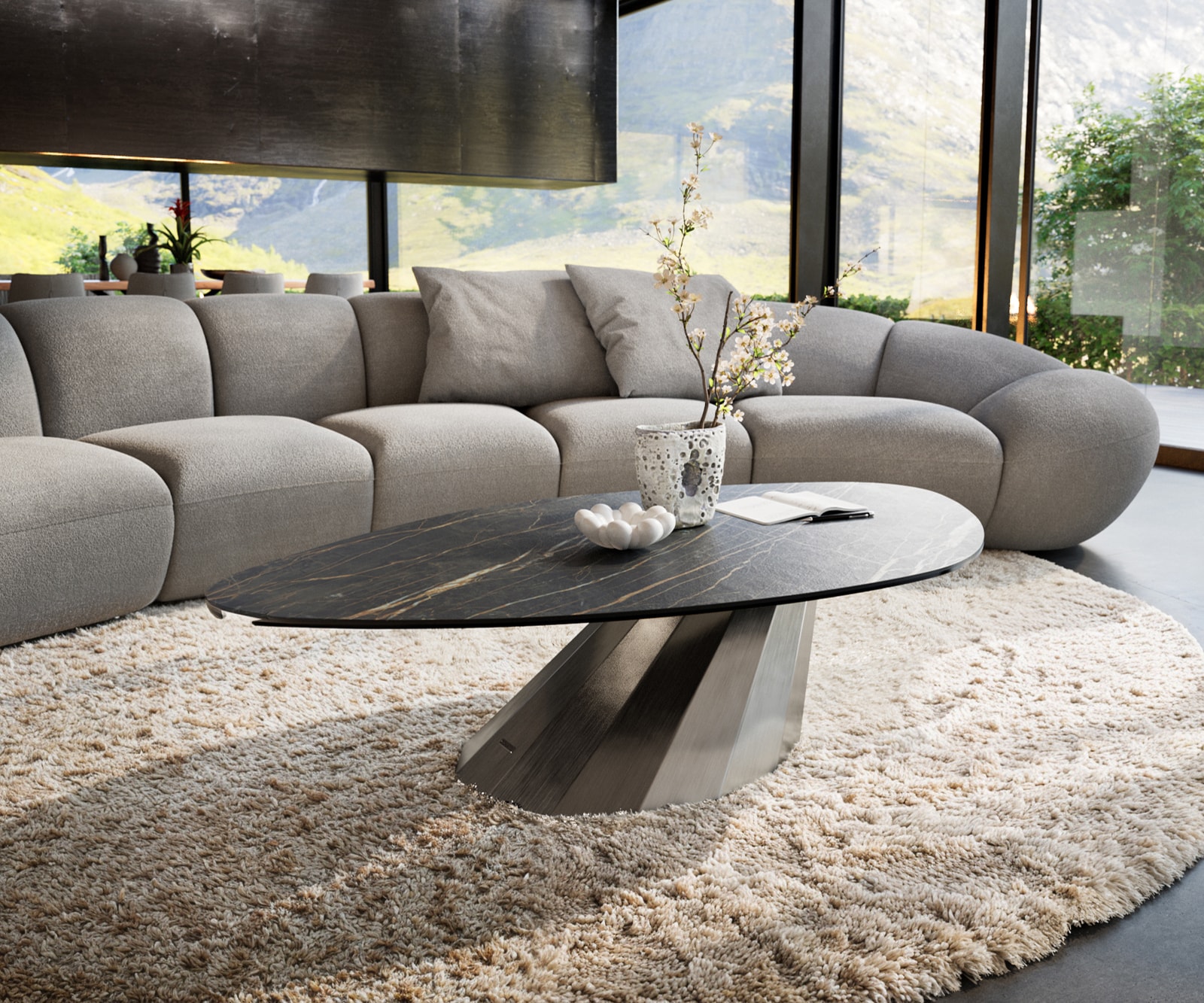DELIFE Couchtisch Edge Organisch 140x76 cm Keramik Laminam Noir Desir Braun Parabi Metallic Silber