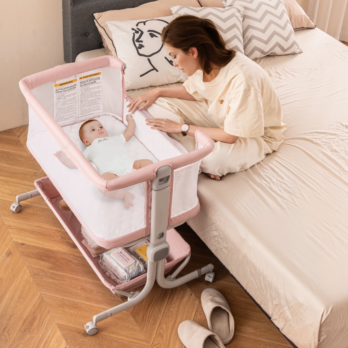 Costway 3 in 1 Bedside Crib Reisbed Baby met Matras Babybed 6-voudig in Hoogte Verstelbaar met Opbergmand Roze