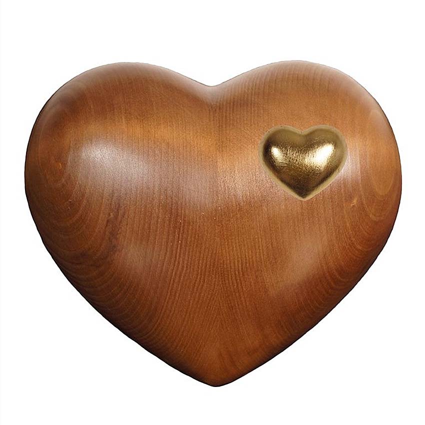 Urnwebshop Grote Donker Gebeitste Houten Hart Urn, met gouden hartje (3 liter)