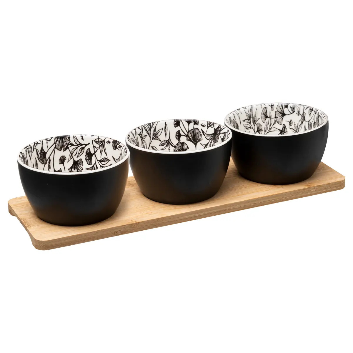 5five Serveerplank bamboe - met 3x schaaltjes - 30 x 10 cm - tapas en saus schaaltjes - hapjes -