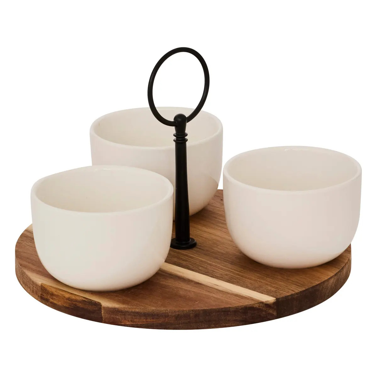 5five Serveerplank acacia - met 3x schaaltjes wit - D20 cm - tapas en saus schaaltjes - hapjes -