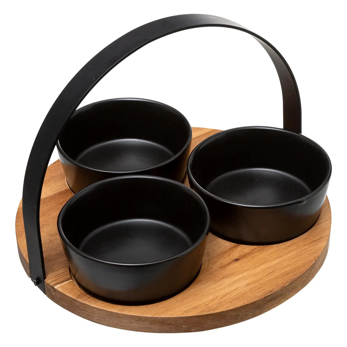 5five Serveerplank acacia - met 3x schaaltjes - D21 cm - tapas en saus schaaltjes - hapjes -
