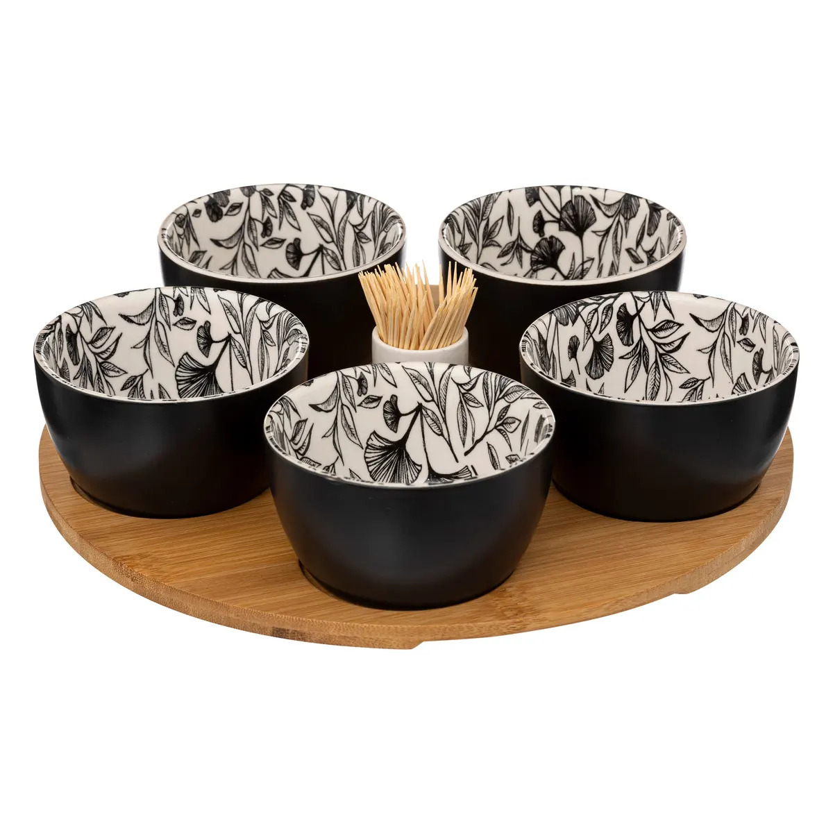 5five Serveerplank bamboe - met 5x schaaltjes - D28 cm - tapas en saus schaaltjes - hapjes -