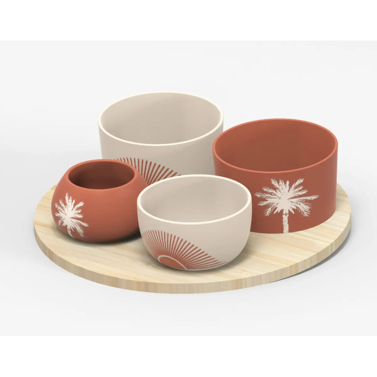5five Serveerplank acacia - met 4x schaaltjes terra/wit - D26 cm - tapas en saus schaaltjes - hapjes -