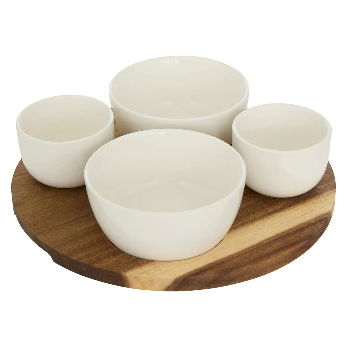 5five Serveerplank acacia - met 4x schaaltjes wit - D26 cm - tapas en saus schaaltjes - hapjes -