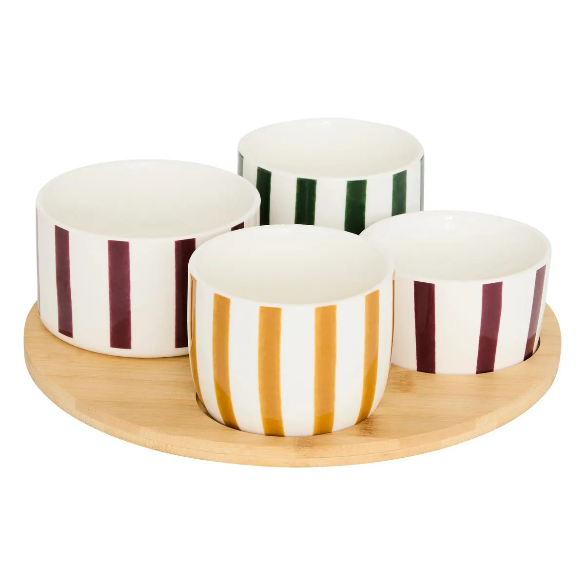 5five Serveerplank acacia - met 4x schaaltjes wit/kleuren - D25 cm - tapas/saus schaaltjes - hapjes -