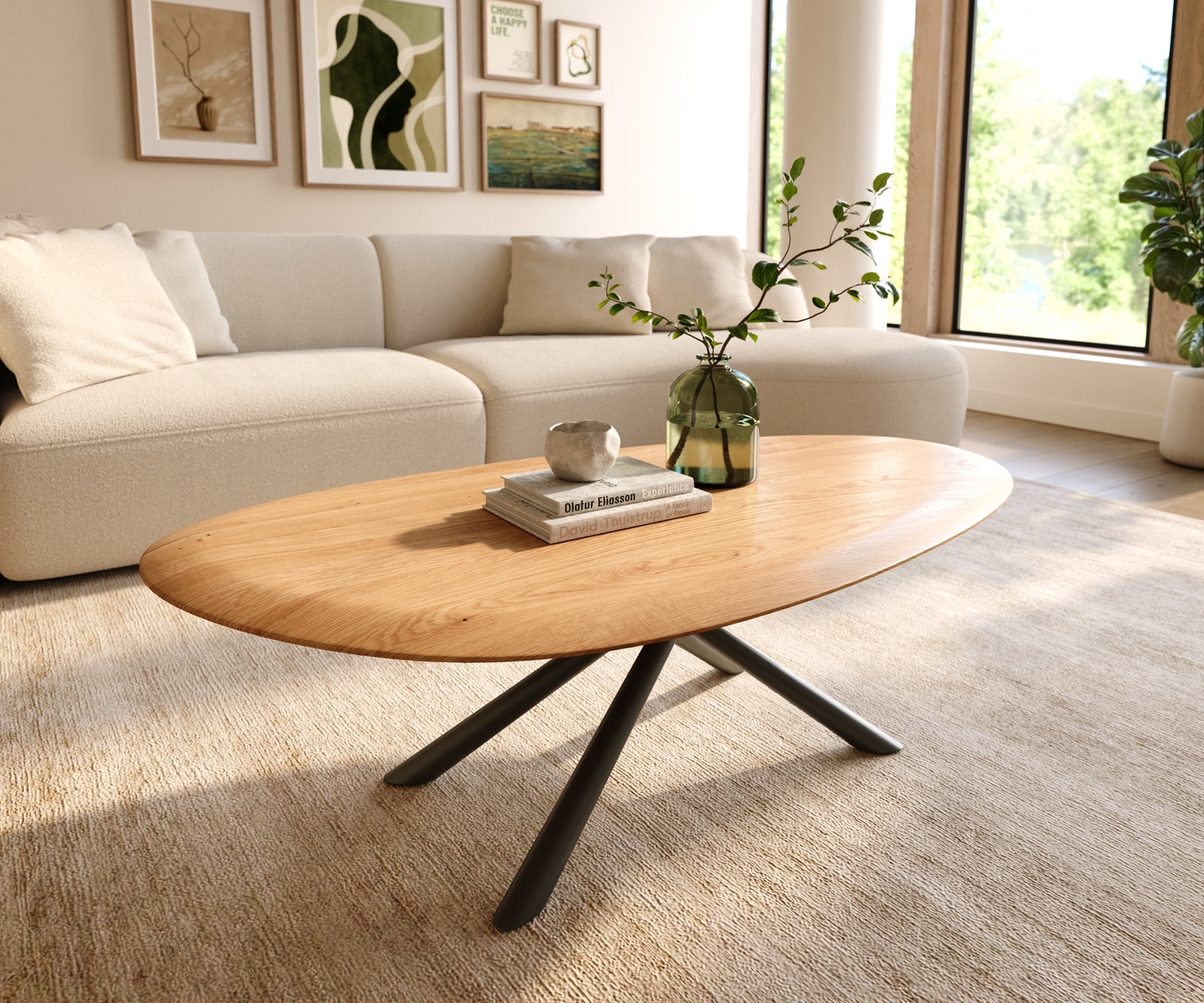 DELIFE Couchtisch Edge Oval 140x75 cm Eiche Natur Runde Kante Sarity Metall Schwarz