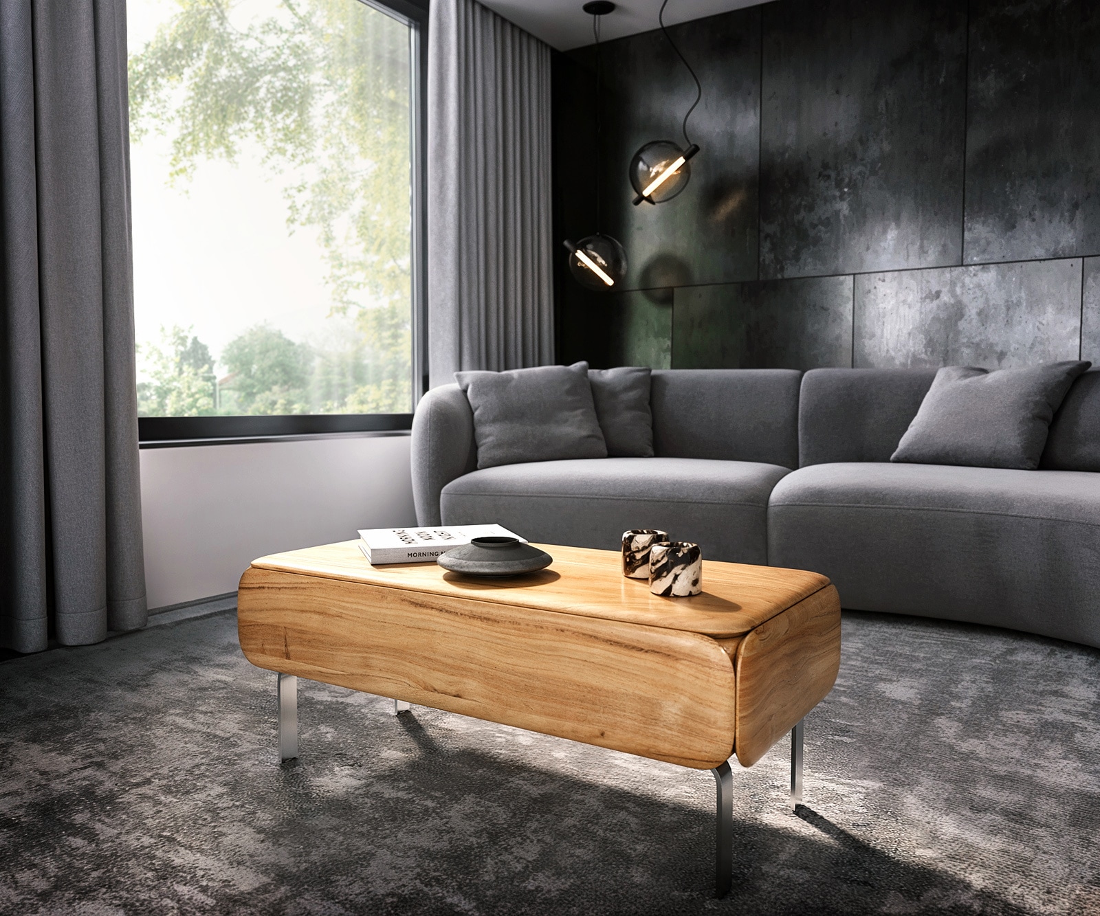 DELIFE Couchtisch Shavani 100x50 cm Akazie Natur 2 Schubladen L-Fuß Edelstahl Silber