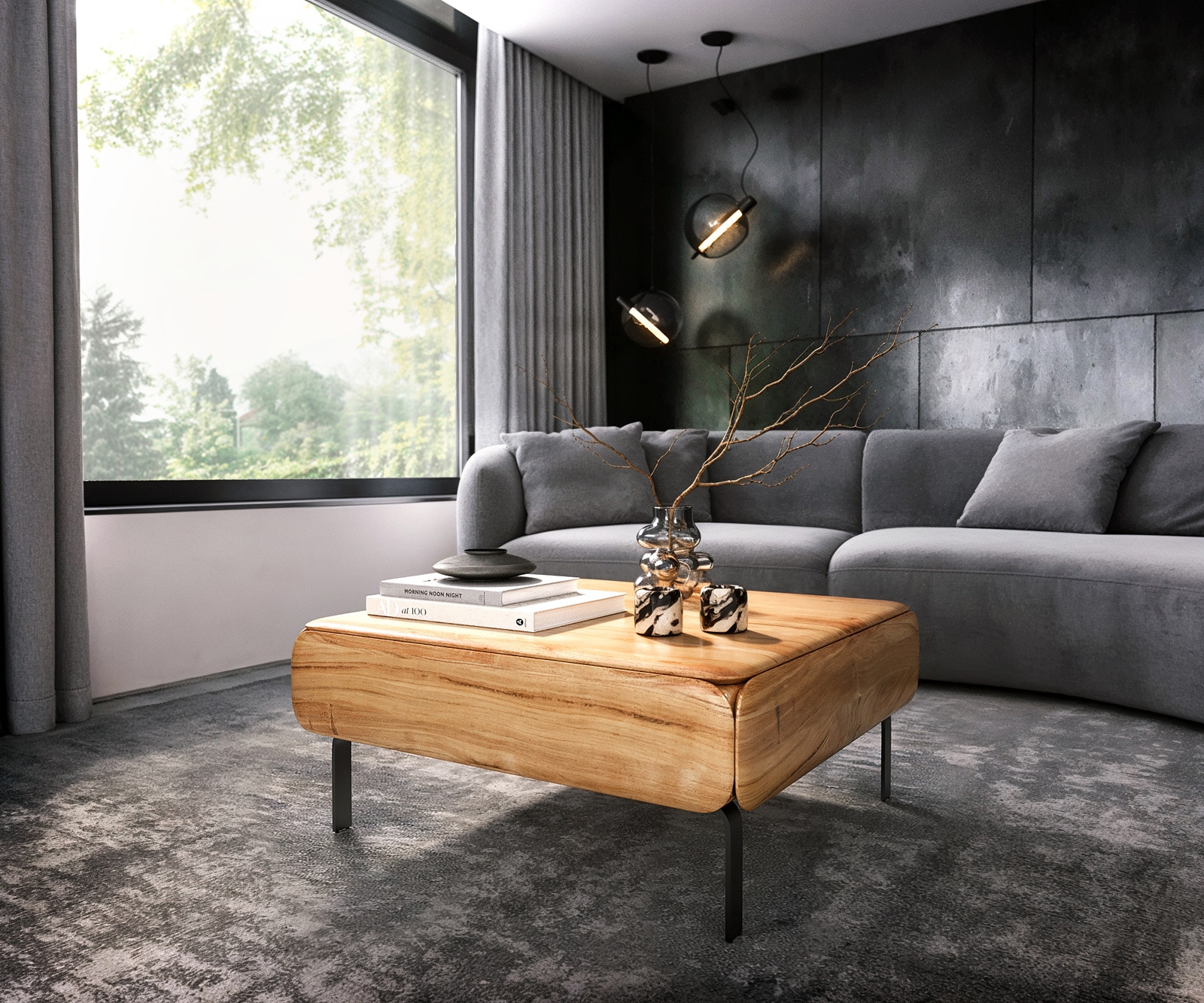 DELIFE Couchtisch Shavani 90x90 cm Akazie Natur 2 Türen L-Fuß Metall Schwarz