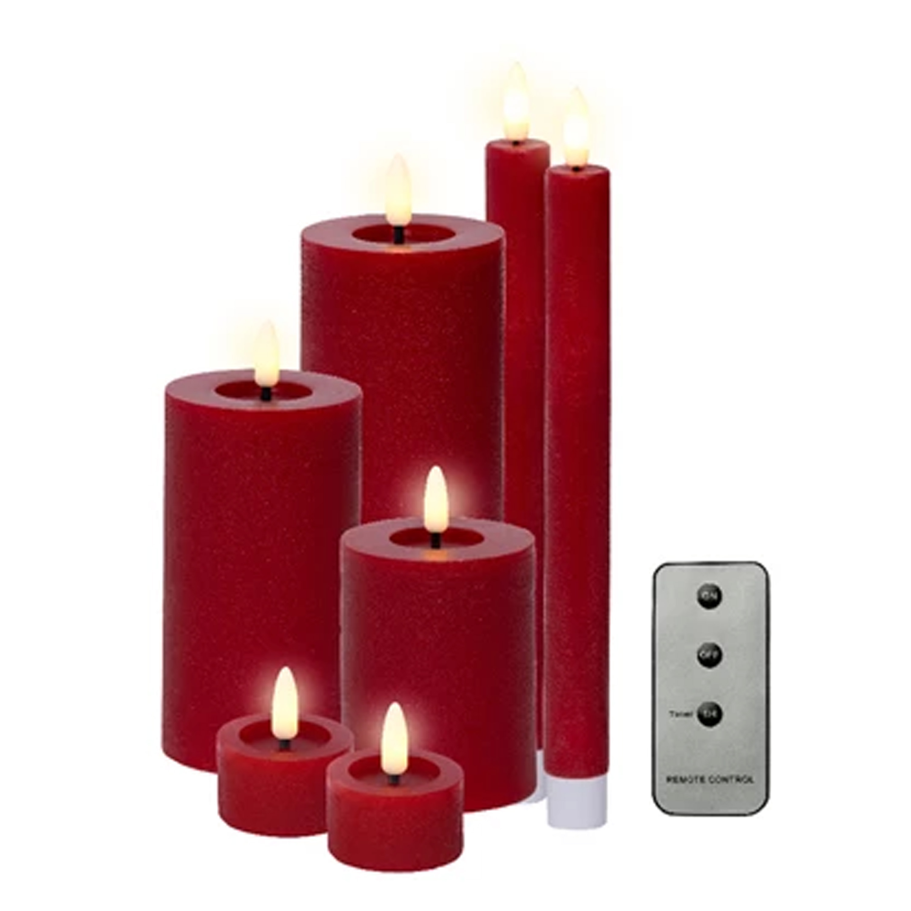 Lumineo LED kaarsen set - wax - 7-dlg - rood - dinerkaarsen/stompkaarsen/theelichten - afstandsbediening -