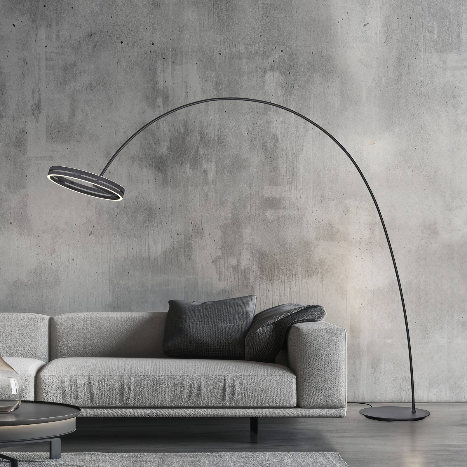 Pure LED vloerlamp Loop-Bow, zwart, reikwijdte 290 cm, CCT