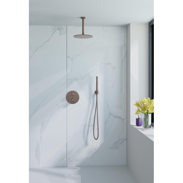 Fortifura Calvi inbouw Regendoucheset - rond - thermostatisch - plafondarm - 25cm hoofddouche - staaf handdouche - gladde slang - Geborsteld koper PVD SW799407/SW970041/SW970042/SW970045/SW970046/SW11