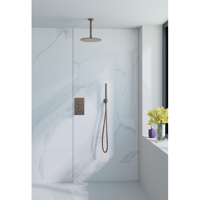 Fortifura Calvi Inbouw Regendoucheset - thermostatisch - plafondarm - 30cm hoofddouche - staaf handdouche - gladde doucheslang - geborsteld koper PVD SW970038/SW1139124/SW970042/SW970045/SW7994