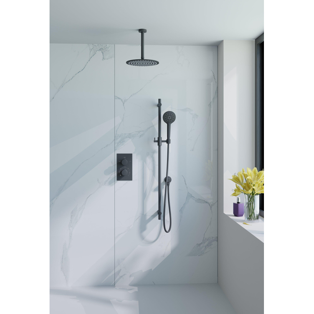 Fortifura Calvi Inbouw Regendoucheset - thermostatisch - plafondarm - glijstang - 30cm hoofddouche - ronde handdouche - gladde doucheslang - mat zwart SW377853/SW496816/SW542644/SW706210/SW1139120/SW7