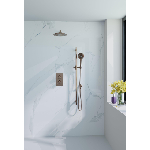 Fortifura Calvi Inbouw Regendoucheset - thermostatisch - wandarm - glijstang - 30cm hoofddouche - ronde handdouche - metalen doucheslang - geborsteld koper PVD (Koper) SW970043/SW1139124/SW1159496/SW9