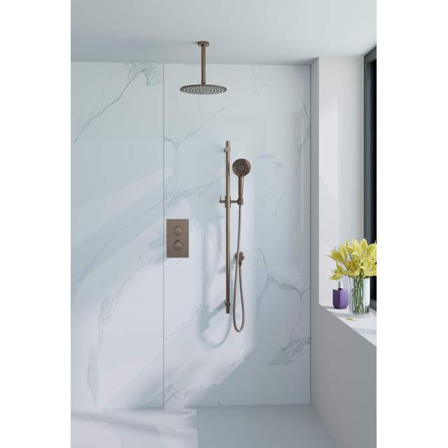 Fortifura Calvi Inbouw Regendoucheset - thermostatisch - plafondarm - glijstang - 30cm hoofddouche - ronde handdouche - gladde doucheslang - Geborsteld koper PVD SW970042/SW1139124/SW1159496/SW799407/