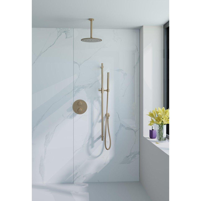 Fortifura Calvi Inbouw Regendoucheset - rond - thermostatisch - wandarm - glijstang - 25cm hoofddouche - staaf handdouche - gladde slang - Geborsteld Messing PVD (Goud) SW728176/SW720555/SW720562/SW11